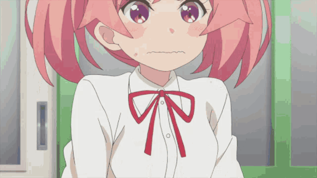 a girl with pink hair and a red bow on her neck