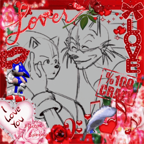 a drawing of sonic the hedgehog and a cat with the words i love you on the bottom