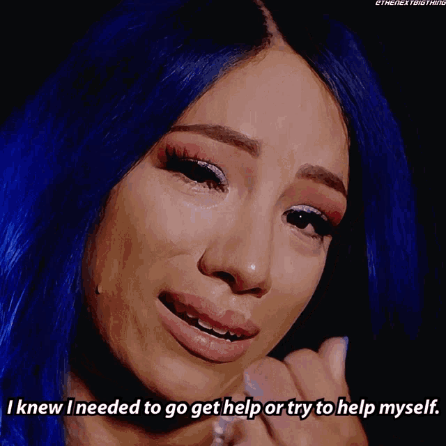 a woman with blue hair is crying and saying i knew i needed to go get help or try to help myself