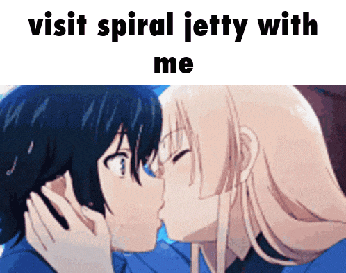 a couple of anime girls kissing with the words visit spiral jetty with me below them