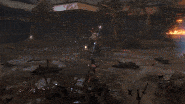 a video game scene with a samurai fighting a giant monster