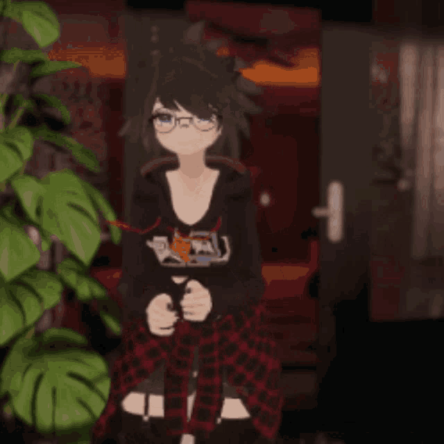 a girl with glasses and a plaid shirt is standing in a doorway