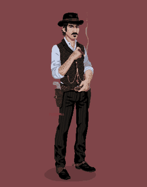 a pixel art of a man smoking a cigarette with the word fleetwill at the bottom