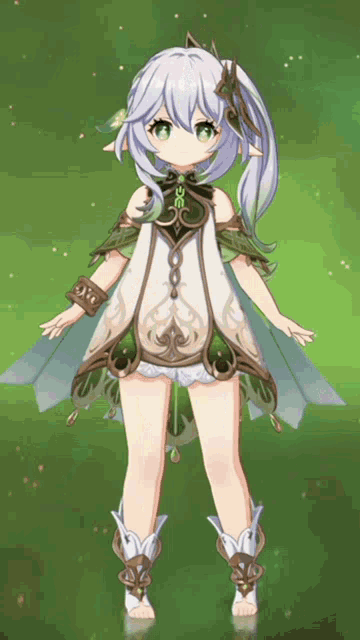a girl in a white dress with green leaves on the sleeves