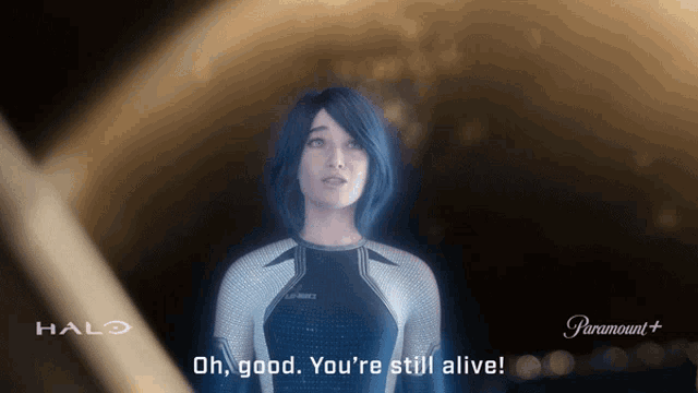 a woman with blue hair is talking to a halo character
