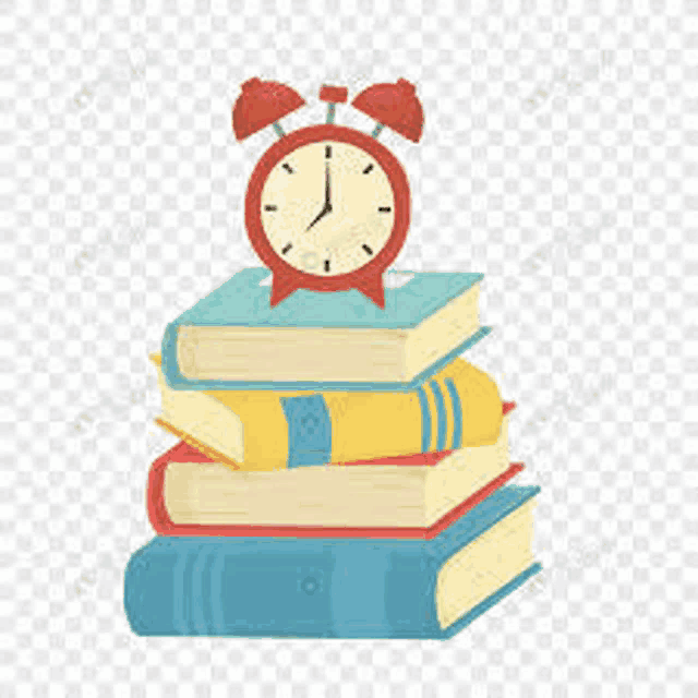 a stack of books with an alarm clock on top of them on a transparent background .