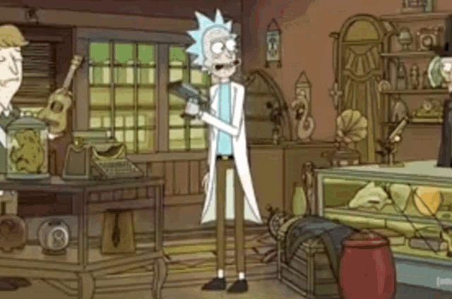 rick and morty is standing in a room holding a gun in his hand .