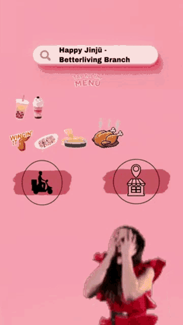 a woman in a red dress is looking at a menu