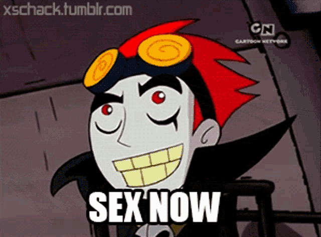 a cartoon character with red hair and goggles is smiling and says sex now
