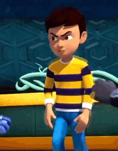 a boy in a yellow and blue striped shirt is standing in front of a green wall