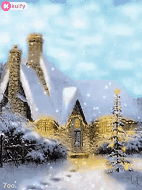 a christmas scene with a house and a christmas tree in the snow .