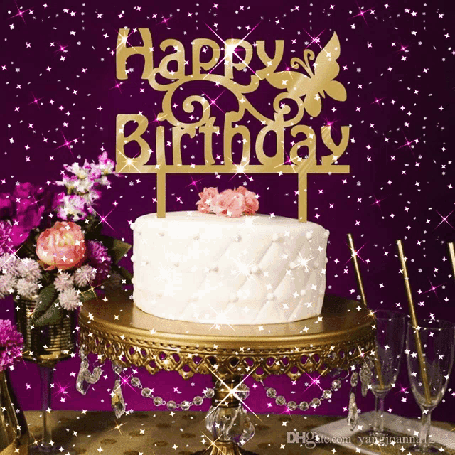 a cake with a happy birthday topper on top