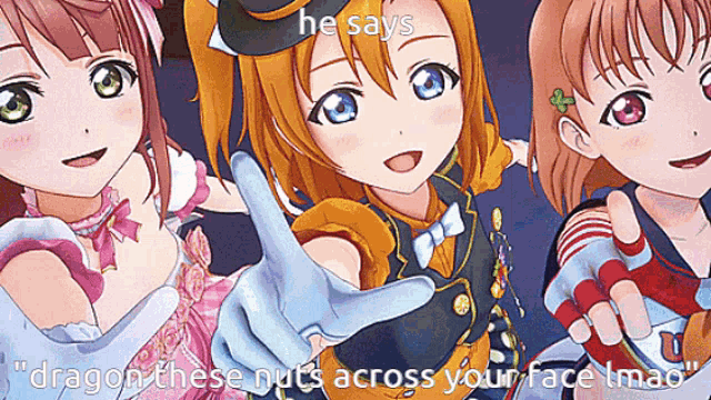 three anime girls are posing for a picture with the caption " he says "