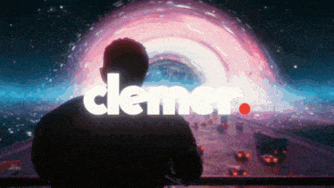 a man is looking out over a city with the word clemer behind him