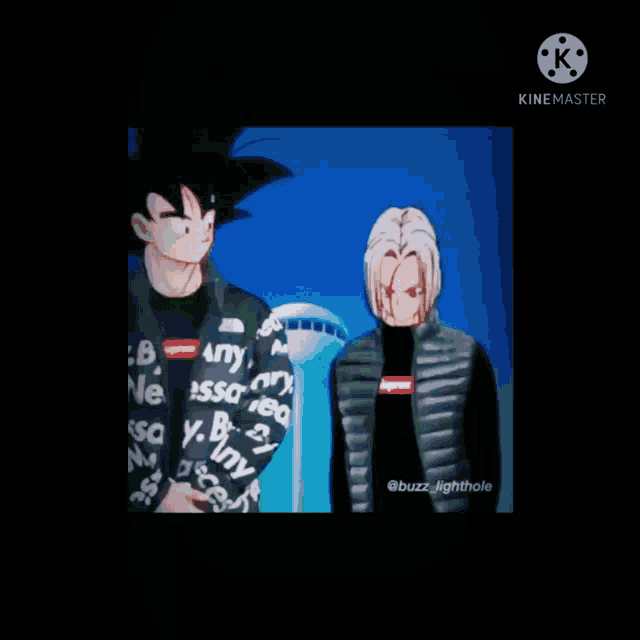 a screenshot of a video of goku and trunks wearing supreme jackets