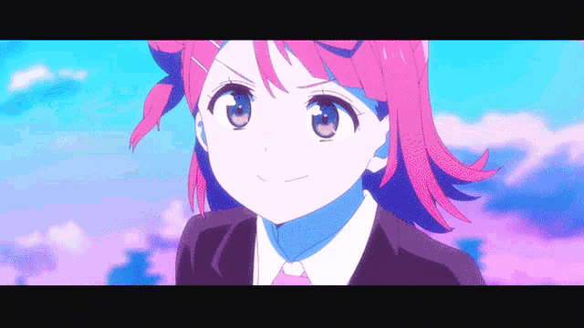 an anime girl with pink hair and blue eyes