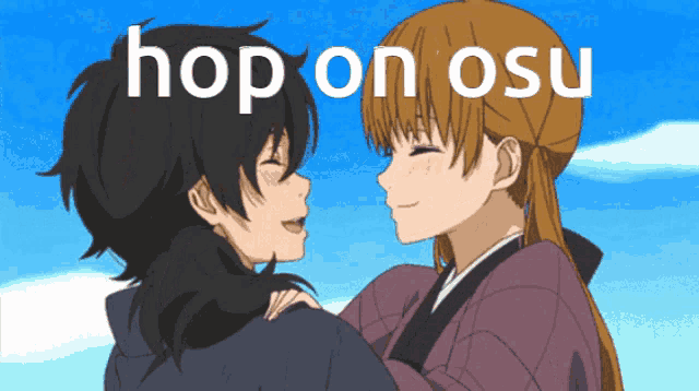 a boy and a girl are kissing with the words hop on osu behind them