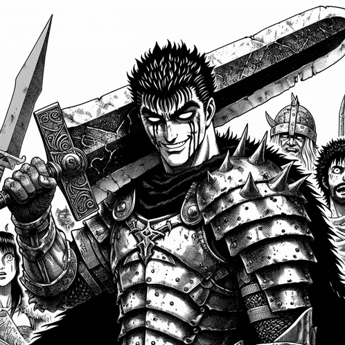 a black and white drawing of a knight holding a large sword