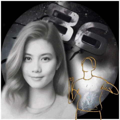 a black and white photo of a woman and a drawing of a man in front of a number 8