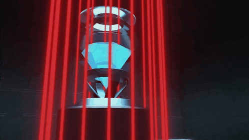 a blue object in a cage with red lights coming out of it