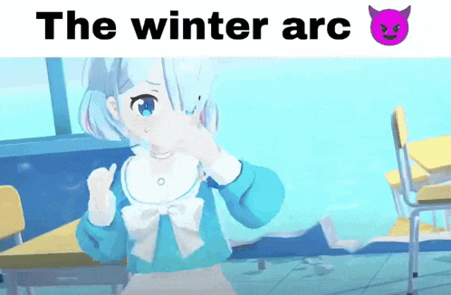 a cartoon girl covering her face with her hands and the words the winter arc above her
