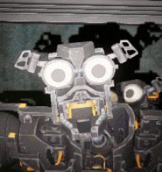a close up of a robot with a shadow of a person behind it
