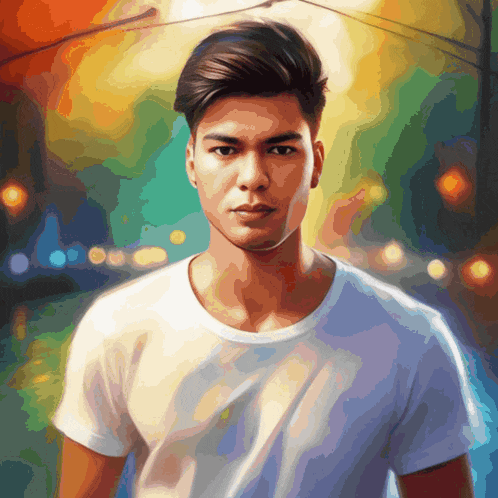 a painting of a young man with a white shirt on