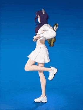 a woman in a white skirt and white sneakers is standing on one leg