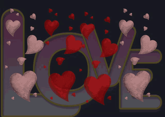 the word love is surrounded by hearts on a black background