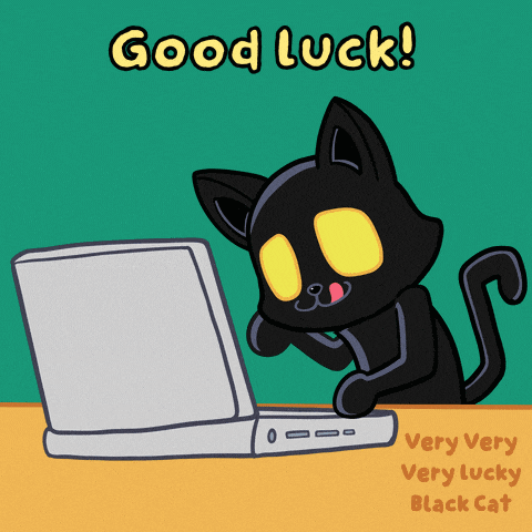 a cartoon of a black cat looking at a laptop with the words good luck very very lucky black cat below it
