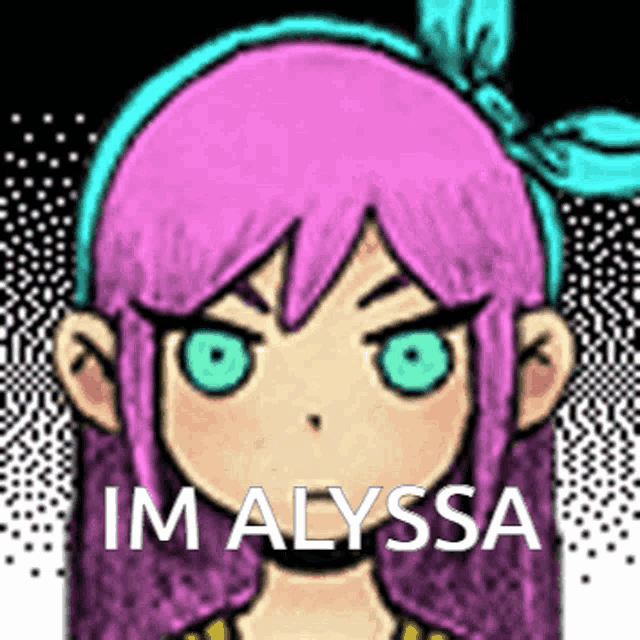 a drawing of a girl with pink hair and green eyes says im alyssa .