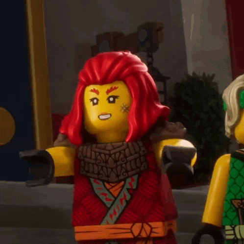 a lego figure with red hair is standing next to another lego figure .
