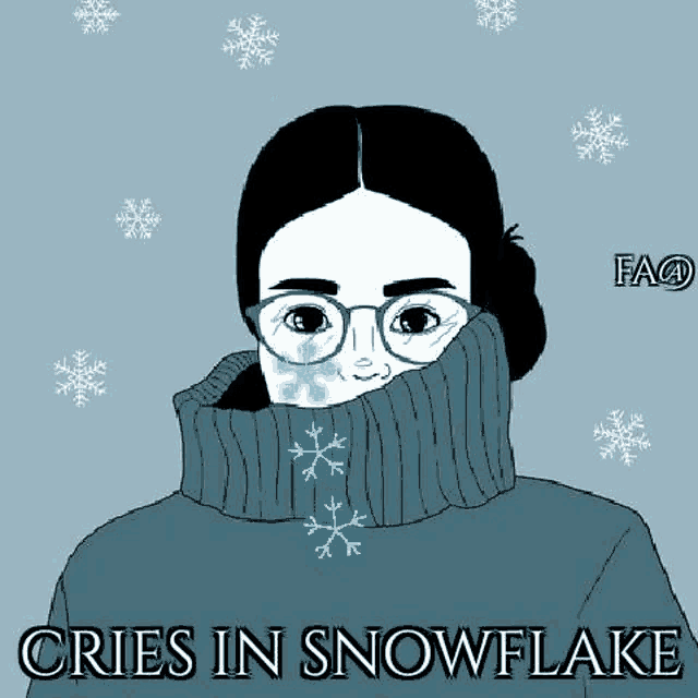 a woman with glasses and a turtleneck is crying in the snow .