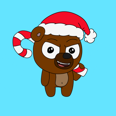 a brown teddy bear wearing a santa hat and scarf holding a candy cane