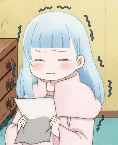 a girl with blue hair is holding a piece of paper in her hands