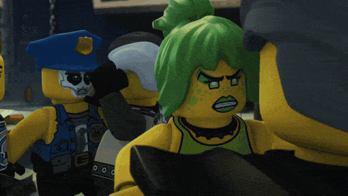 a group of lego figures including a police officer and a girl with green hair