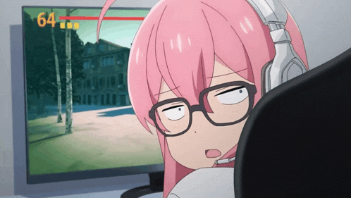 a girl wearing glasses and headphones looks at a computer screen that says 64