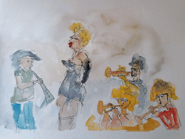 a drawing of a woman playing a trumpet and two men playing instruments