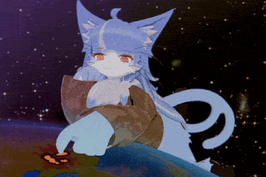 a blue and white cat sitting on top of a planet