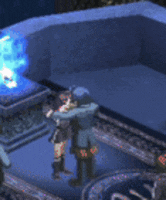 a pixel art of a couple hugging in front of a wall with the word love written on it