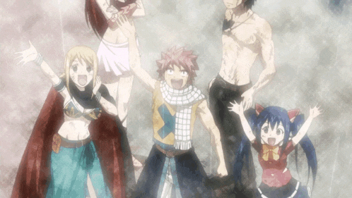 a group of anime characters are standing together with their hands up