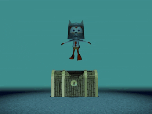 a cartoon character is in a wooden chest with the letter l on it