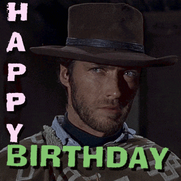 a man in a cowboy hat blowing a soap bubble with the words happy birthday behind him