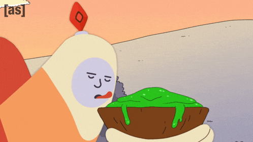 a cartoon character is holding a bowl of green slime with the letters a and s on the bottom