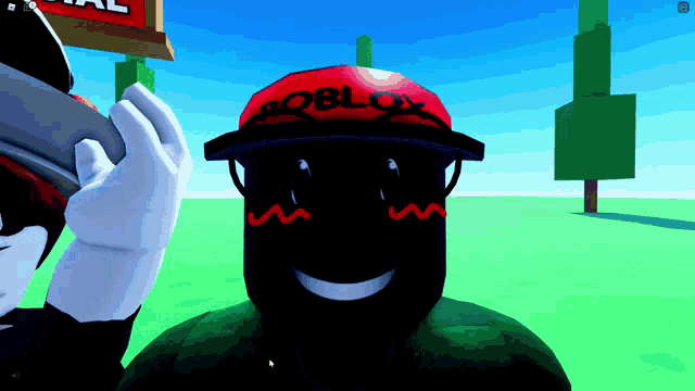 a roblox character with a red hat and sunglasses