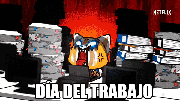 a cartoon of a cat sitting in front of stacks of papers with the words dia del trabajo written below it