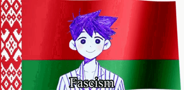 a boy with purple hair is standing in front of a flag with the word fascism on it .