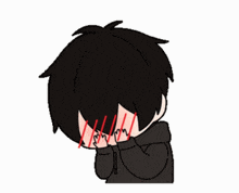 a cartoon of a boy with black hair covering his face with his hand