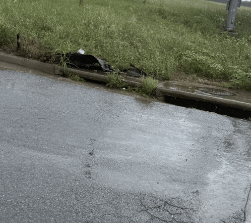 a manhole cover sits on the side of a road next to a grassy field