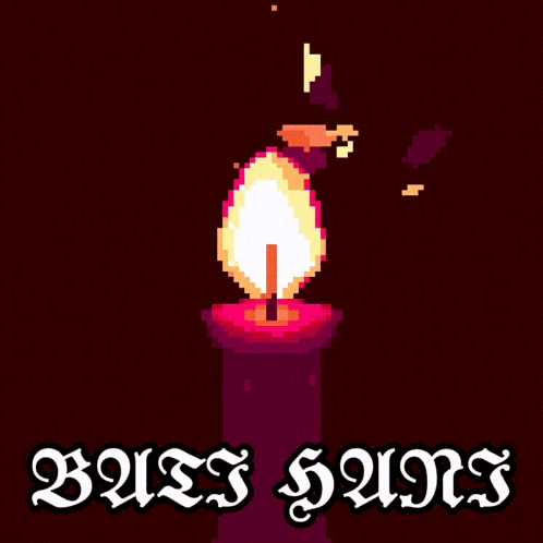 a pixel art illustration of a candle with the words busy gums below it